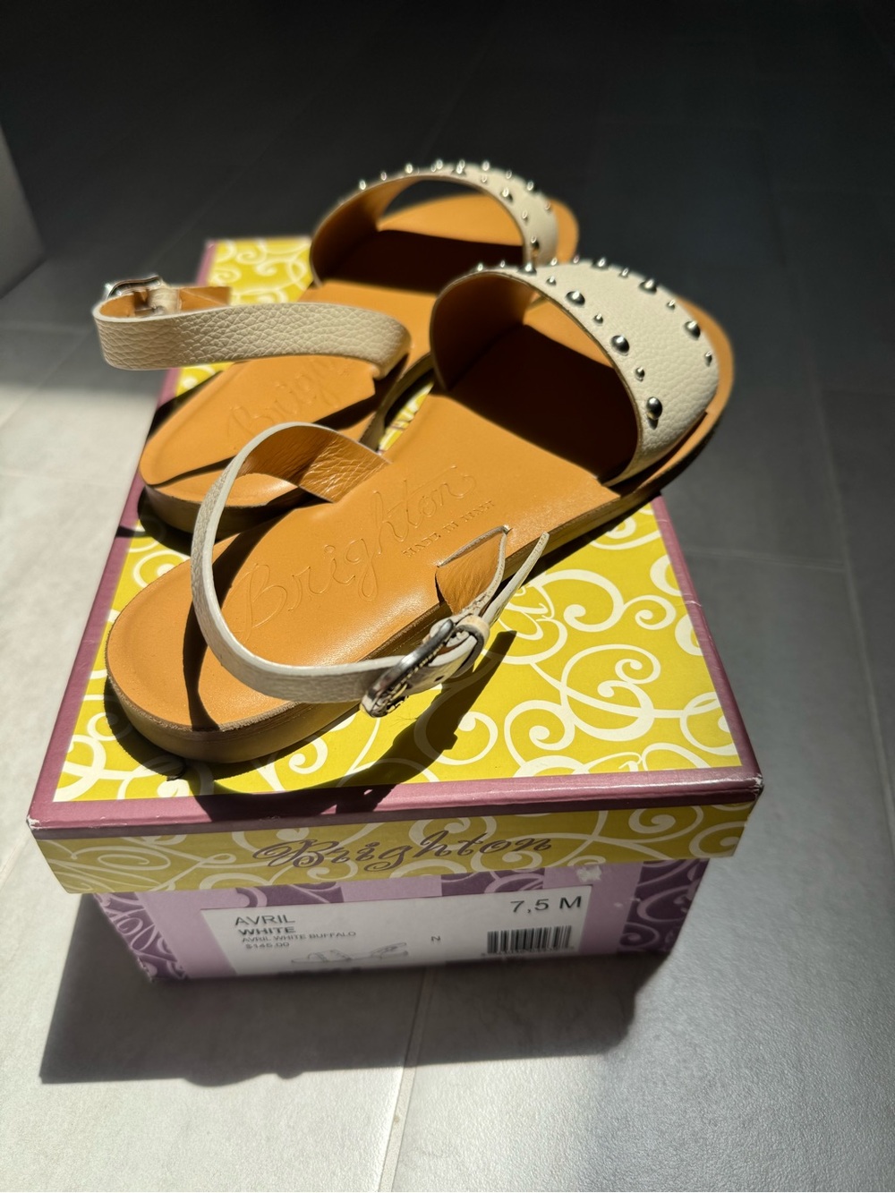 Brighton Ivory Leather Studded Strap Sandals